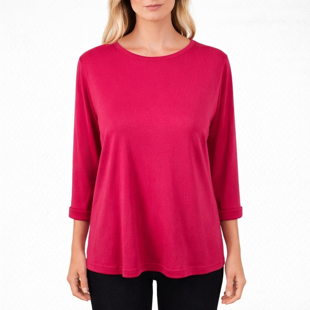 Bogner Coral Red Pink Knit Top 3/4 Sleeves Cotton Logo Womens Size US 18 EU 48